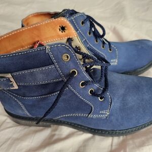Women's Blue Suede Ankle Booties - Lace-Up Comfort